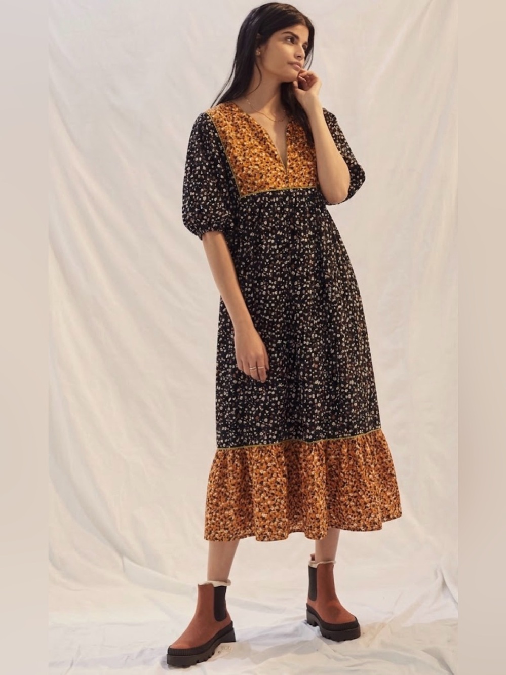 Anthropologie Saint Geraldine Floral Corduroy Tiered Midi Dress - Size Medium
